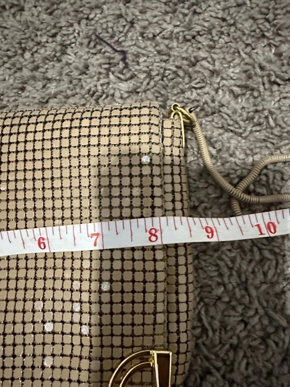 Metallic Beige Mesh Wristlet Clutch with Gold Accents